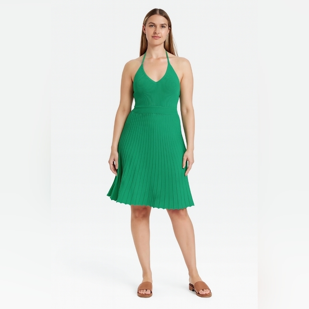 Green Knit Halter Flare Dress - Picture 1 of 6